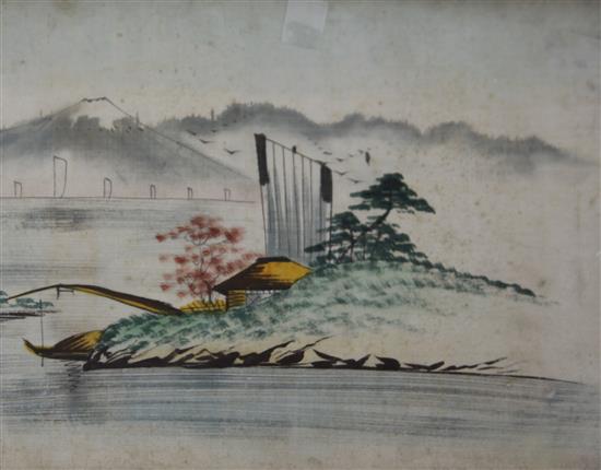 Three Chinese pith paintings, two embroidered pictures and a Japanese painting, 19th / 20th century, largest image 27.5 x 18cm